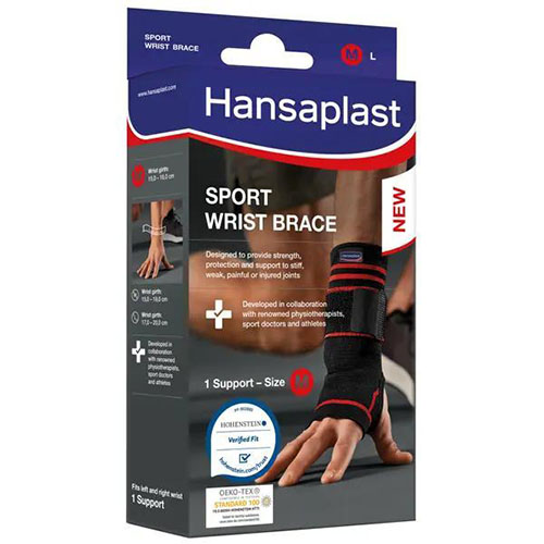 Eine Hansaplast Sprtgelenkbandage noch in originaler Verpackund inder man dieser Angezogen sieht.jpg